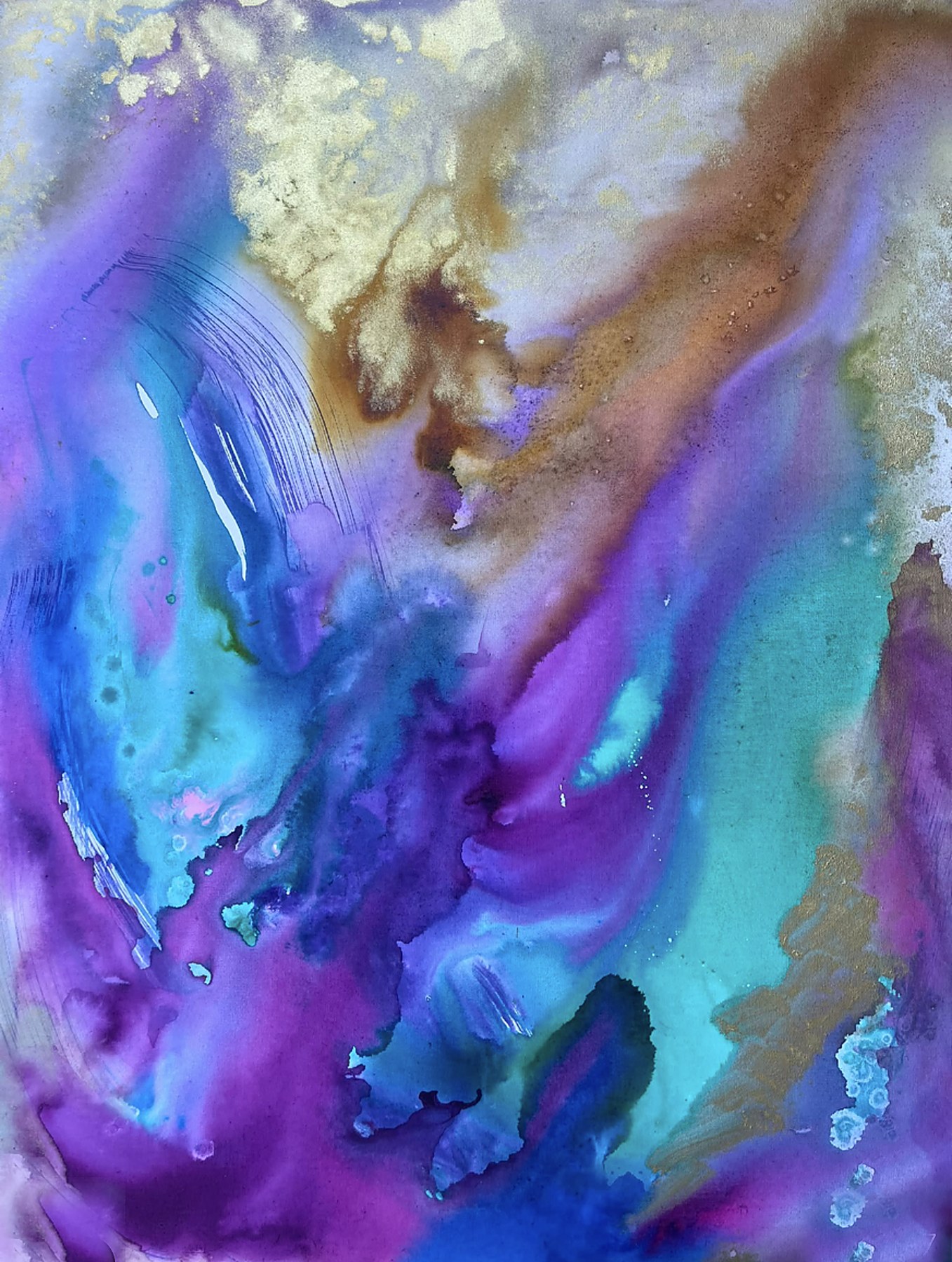 Abstract schilderij in paars, turquoise en goud